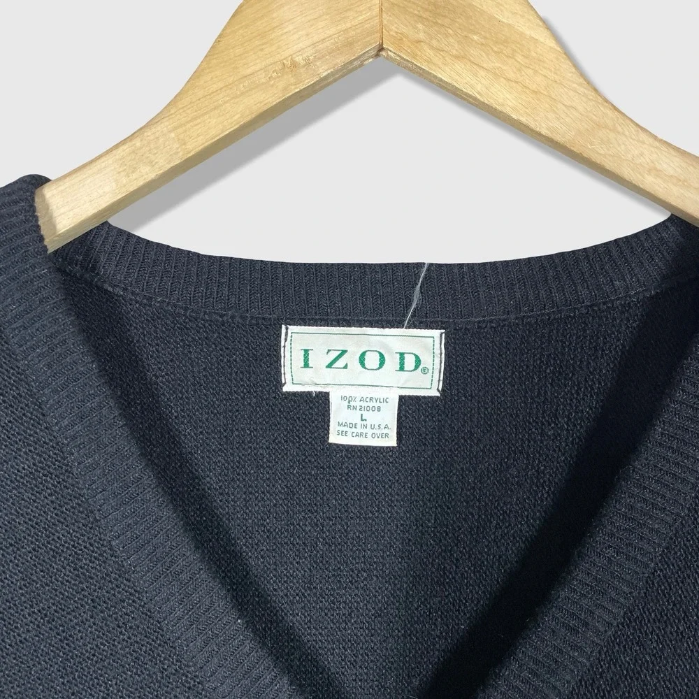 IZOD V-Neck Sweater‎ Mens Large Black Vintage Preppy Minimalist Casual Acrylic